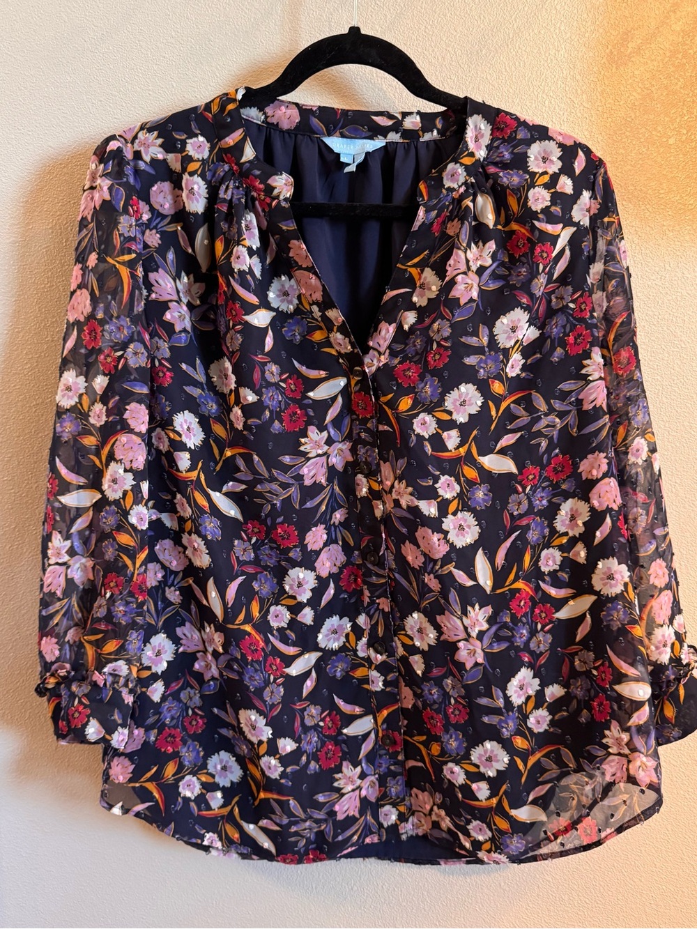 Draper James Navy Floral Sheer V-Neck Blouse